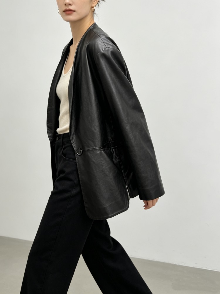 Fashion Women Loose Fit Soft R - Leather Work Jacket Women'S 评论和价格