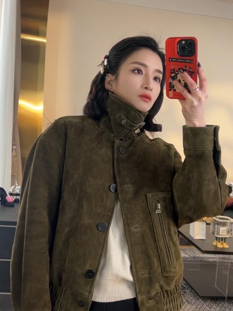 Luxury Retro Women Sheep Suede - Leather Work Jacket Women'S 评论和价格