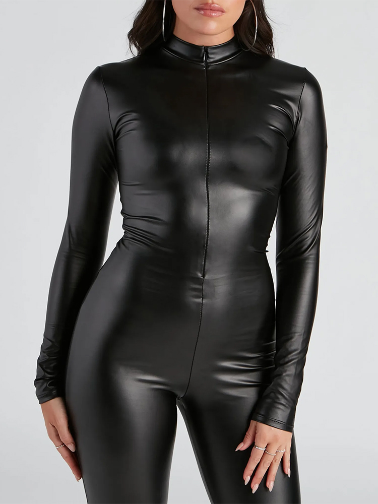 Women Stretch Matte Faux Leath - Leather Work Overalls 评论和价格