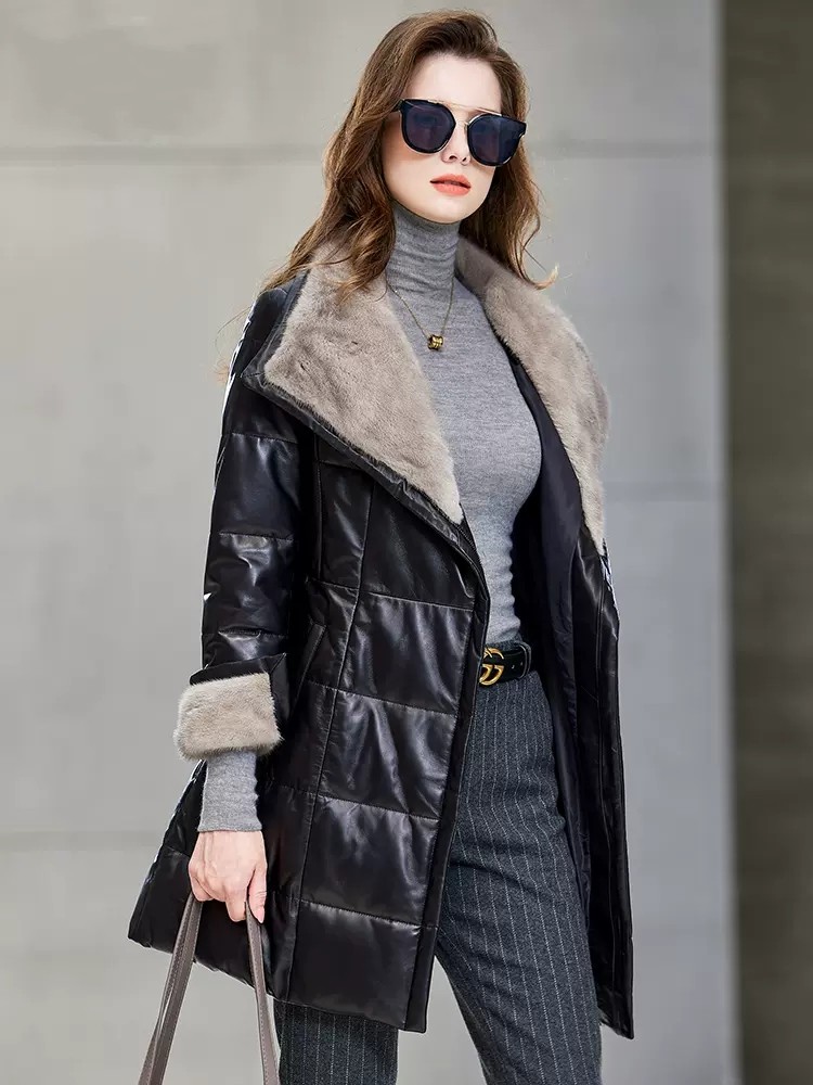 Elegant Ladies Mink Fur Collar - Leather Work Jacket Women'S 评论和价格